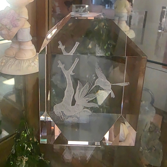 Crystal Paperweight with Etched Hummingbird & Floral Design Glass Art